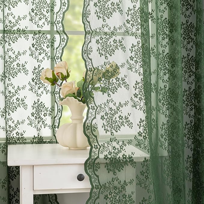 YJ YANJUN Vintage Lace Curtains-Victorian Floral Dark Green Boho 102 inch Long Curtains for Living Room Bedroom Custom 2 Panel Rod Pocket Retro Crochet Sheer Floor to Ceiling Drapes W52xL102 2 Panels
