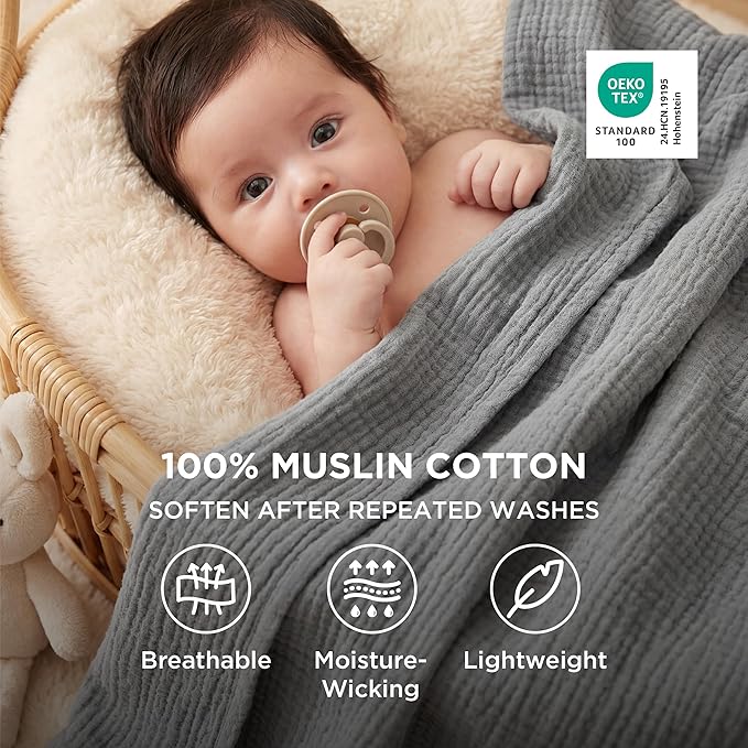 Bedsure 100% Cotton Muslin Blanket King Size for Bed - 4-Layer Breathable and Lightweight Thin Soft Summer Gauze Muslin Blanket for Adults, Grey, 108x90 Inches