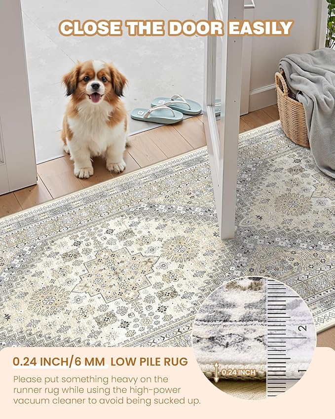 3x5 Washable Area Rug for Entryway, Kitchen Rugs Non Slip for Dining Room, Vintage Floral Soft Living Room Rug, Thin Area Rug Indoor for Bedroom, Kids Room Decor(Beige,3'x5')