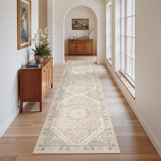 Madane Runner Rug 2x8, Washable Hallway Runner Rugs, Non-Slip Low-Pile Soft Kitchen Rug Runner Laundry Room Rug, Vintage Throw Entry Foyer Mat for Entrance Living Room (Pink/Gray, 2 x 8)