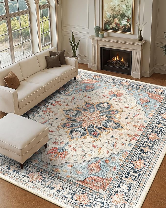 RELEANY Area Rugs 9'x12' Washable Non-Slip, Floral Vintage Distress Print Pattern Medallion Carpet for Living Room Bedroom Dining Room, Beige Navy Blue Orange Colorful