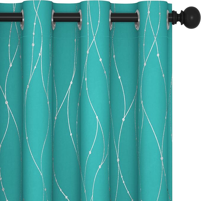 Deconovo Blackout Curtains, Thermal Insulated Soundproof Grommet Drapes, Wave Dots Silver Print, 52 x 63 Inch, Set of 2, Machine Washable Panels for Kitchen Bedroom Living Room Nursery, Turquoise