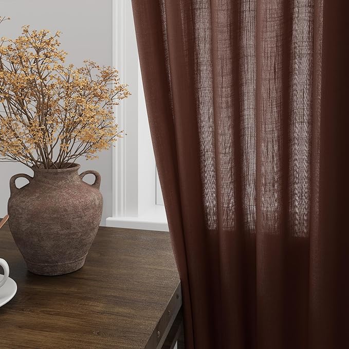 Extra Long Rustic Brown Linen Curtains 120 Inch for Living Room 2 Panels Set Rod Pocket Back Tab Light Filtering Semi Sheer Linen Window Drapes Privacy High Ceiling Drapes for Farmhouse 52x120