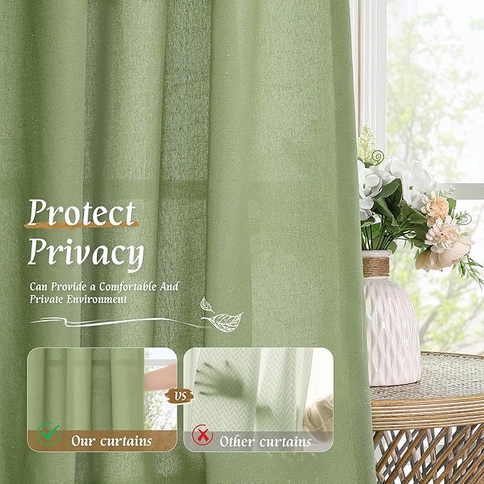 LAMIT Bedroom Linen Curtains 48 Inch Length 2 Panels, Soft Faux Linen Light Filtering Panels Rod Pocket Farmhouse Privacy Drapes for Kitchen/Window/Loft Room, 42 x 48 Inch, Sage Green