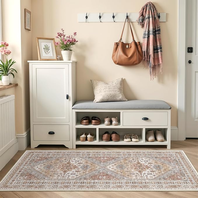2x5 Rug Runner Washable for Entryway, Soft Bathroom Rugs with Non-Slip Backing,Vintage Low Pile Stair Runner, Small Kitchen Carpet for Hallways, Laundry Room(Orange,2'x5')