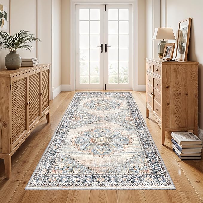 Non-Slip Kitchen Runner Rug 3x6 - Washable Low Pile Stain Resistant Hallway Entryway Carpet for Bathroom Indoor Soft Comfort Floor Mat for Bedside & Sink Area (Blue, 3X6)