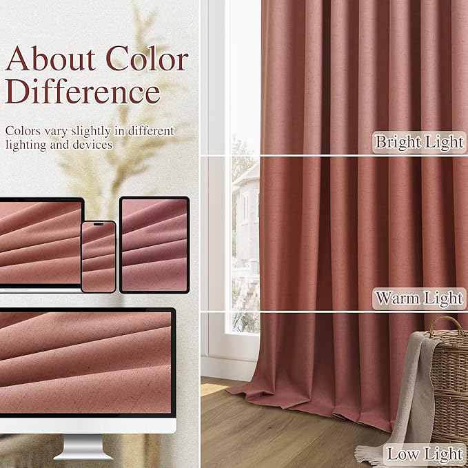 Dusty Rose 100% Blackout Linen Curtains 72 Inch Length 2 Panels Set for Girls Bedroom Back Tab Thermal Insulated Black Out Drapes Room Darkening Farmhouse Style for Bedroom Window Curtains 52x72