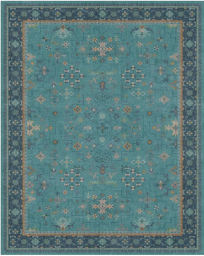3x4 Teal Rugs for Entryway Indoor - Washable Non Skid Area Rug for Large Kitchen, Bedside, Bathroom, Mudroom, Boho Geometric Floral Design, Non Slip Low Pile Fade Resistant
