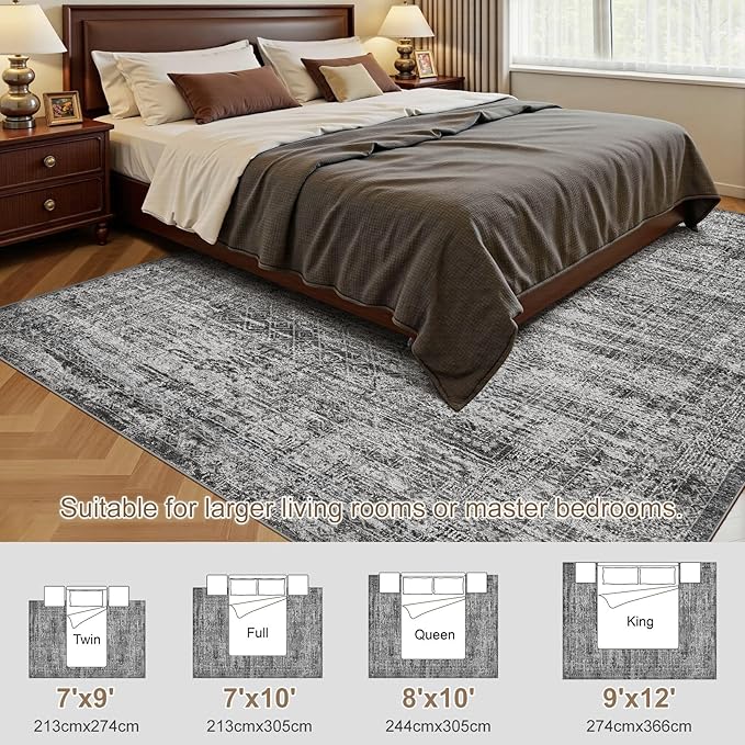UERMEI 7x9 Area Rug Living Room Rugs - Washable Neutral Modern Abstract Soft Thin Rug Indoor Floor No Slip Rug Carpet for Bedroom Under Dining Table Home Office Decor - Dark Gray