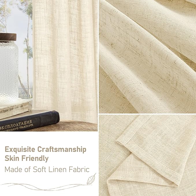 LAMIT Faux Linen Curtains 63 inches Long for Bedroom, Back Tab and Rod Pocket Linen Drapes Light Filtering Sheer Window Curtains for Living Room, Set of 2 Panels (52 x 63 Inch, Beige)