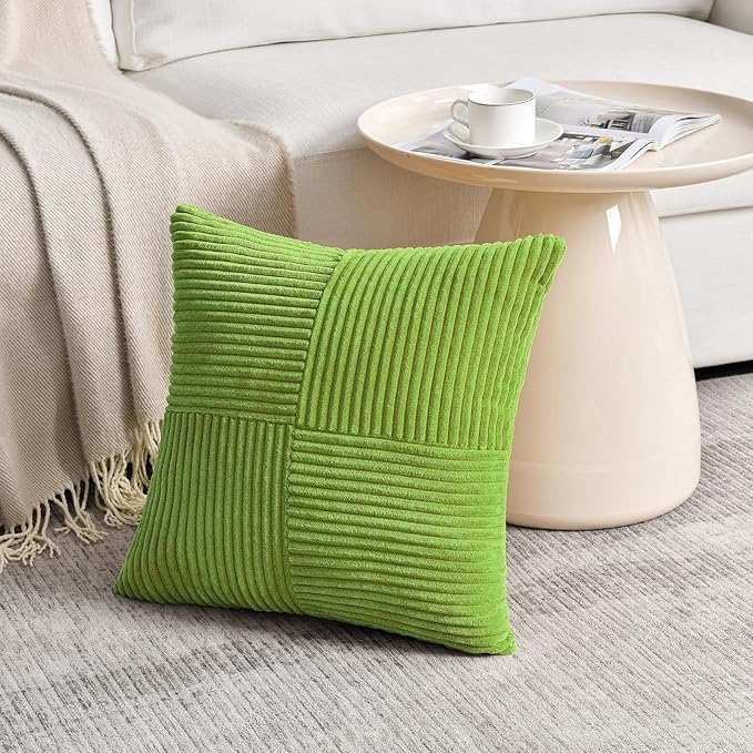 Fancy Homi Set of 2 Lime Green Decorative Throw Pillow Covers 22x22 Inch for Living Room Couch Bed Sofa, Farmhouse Boho Home Decor, Soft Cross Corduroy Patchwork Accent Square Cushion Case 55x55 cm