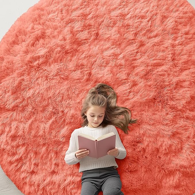 OLANLY Coral Red Round Rugs for Bedroom - Machine Washable, 8 ft Circle Area Rugs for Living Room, Soft and Fluffy Shaggy Carpet for Teen Girl and Boys, Nursery Rooms, Dorms, Home Decor Aesthetic