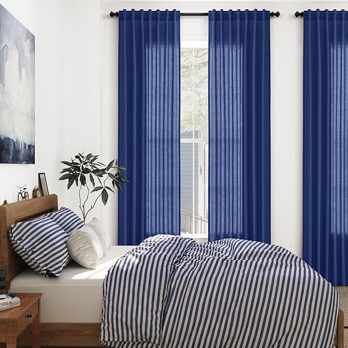 Extra Long Classic Blue Linen Curtains 120 Inch for Living Room 2 Panels Set Rod Pocket Back Tab Light Filtering Semi Sheer Linen Window Drapes Privacy High Ceiling Drapes for Farmhouse 52x120