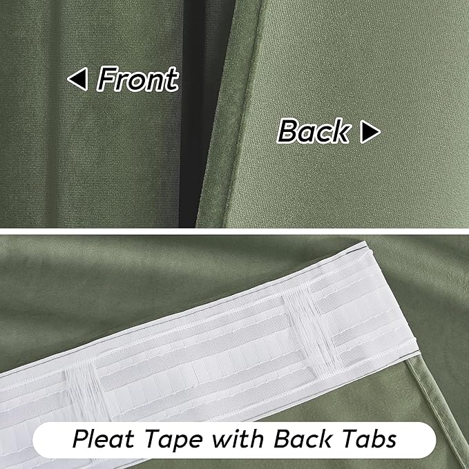 RYB HOME Sage Green Velvet Curtains 94 inches with Hook Belt, Soft Fabric Room Darkening Thermal Insulated Luxurious Home Decor Curtains for Living Room Bedroom, W 52" x L 94", 2 Panels Set