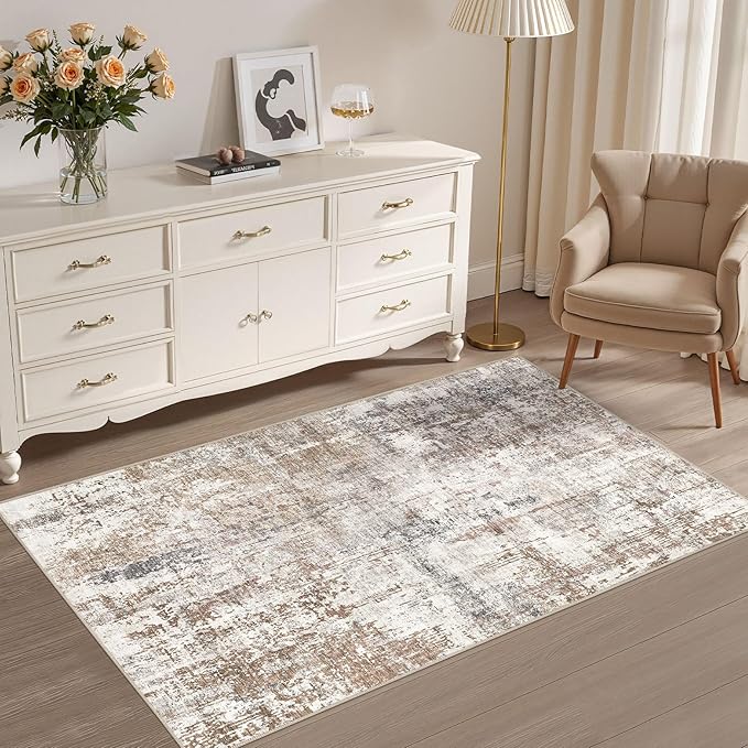 UERMEI 3x5 Area Rug Living Room Rugs - Washable Neutral Modern Abstract Soft Thin Rug Indoor Floor No Slip Rug Carpet for Bedroom Under Dining Table Home Office Decor - Brown/Grey/Red