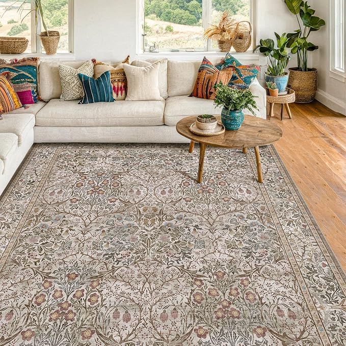 Vintage 4x6 Entryway Rug, Washable Area Rugs for Mudroom, Bedside Rugs Bedroom, Large Kitchen,Living Room, Office, Dorm, Non-Slip Low Pile Soft Stain Resistant Carpet Floral Moss Green Taupe Decor