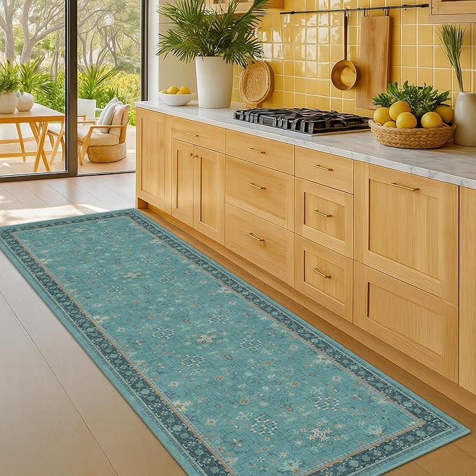 Boho 2x8 Non Slip Kitchen Runner Rugs -Machine Washable Non Skid Vintage Carpet for Hallway, Entryway, Non Slip with Rubber Backing, Floral Aqua Blue Unique Runner Décor (Teal)