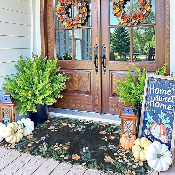 Front Door Mat Indoor Entrance - 2x4.3 Ft Black Floral Washable Layered Doormat Outdoor Entrance Porch Rug Non-Slip Boho Runner Rug for Kitchen Hallway Bedroom Laundry Room Porch Decor