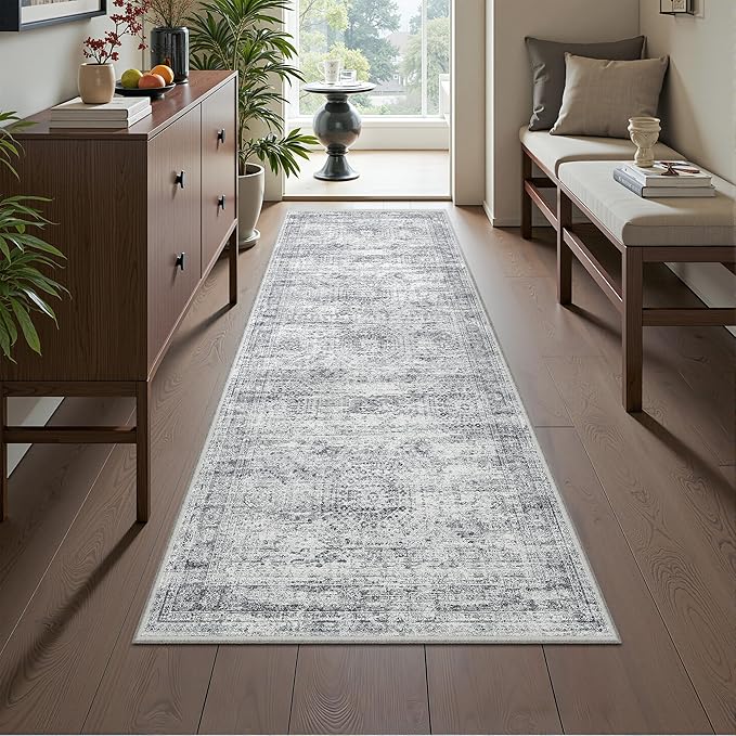 2x5 Rug Runner Washable for Entryway, Soft Bathroom Rugs with Non-Slip Backing, Abstract Low Pile Hallway Runner, Vintage Small Kitchen Carpet for Stair, Laundry Room(2'x5', Grey/Ivory)