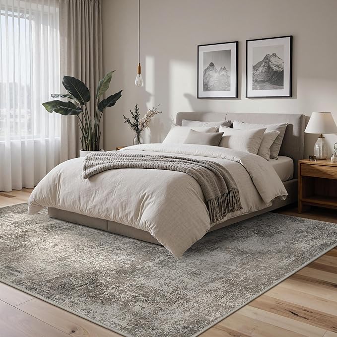Area Rugs 9x12 for Living Room Bedroom, Modern Abstract Machine Washable Rug, Large Soft Low Pile Floor Carpet with Non Slip Backing for Dining Room, Grey