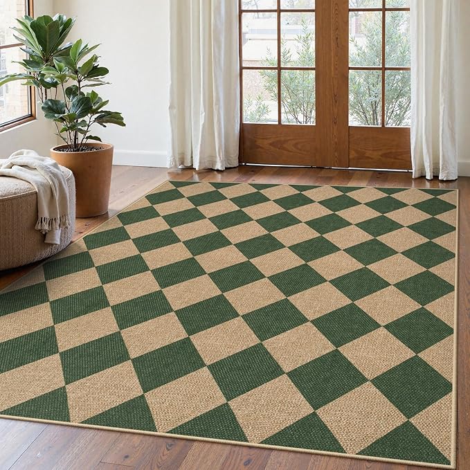 Lahome Colette Checkered Outdoor Rug 5x7, Washable Rug for Living Room Office Indoor Outdoor Carpet, Farmhouse Non Slip Non Shedding Green Carpet for Dining Room Sunroom Patio Courtyard