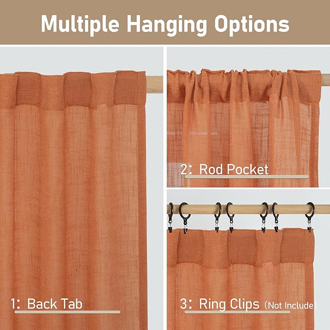 LAMIT 36 Inch Length Linen Curtains for Small Windows, Semi Sheer Light Filtering Panels Back Tab and Rod Pocket Country Decor Drapes for Basement/Kitchen, Burnt Orange, 2 Panels, 34 x 36 Inch