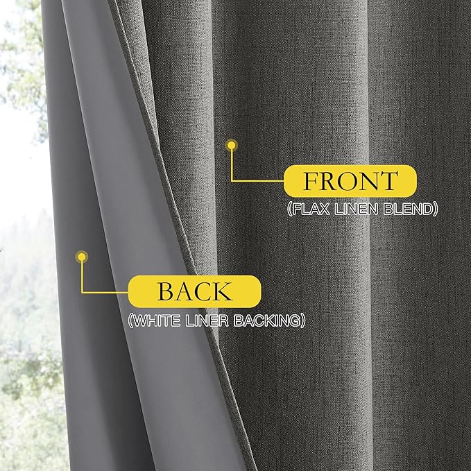 NICETOWN Grizzle Gray Vintage Linen 100% Blackout Curtains for Living Room, Thermal Insulated Curtains 95" Long, Noise Reducing Window Treatment Drapes for Bedroom, 52" Wide Per Panel, Set of 2
