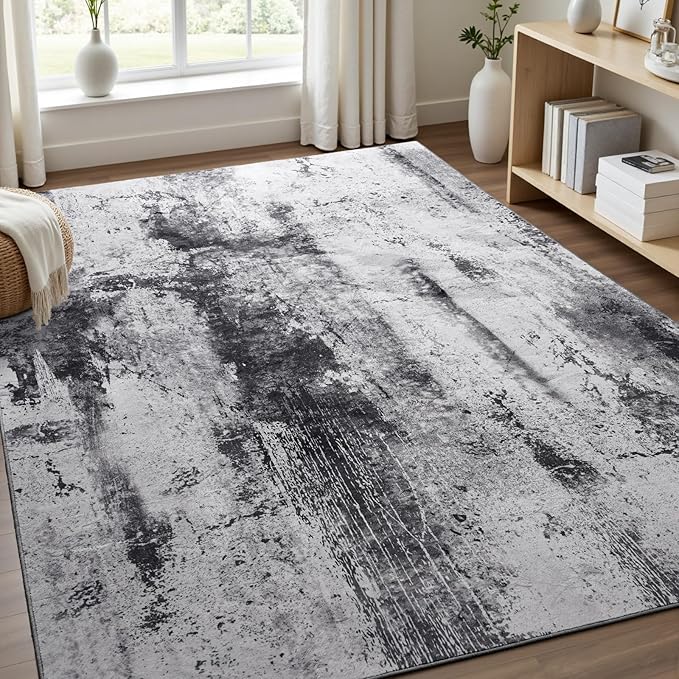 Toneed Abstract Area Rug Modern Washable Rug Soft Non Slip Rug Low Pile for Bedroom Living Room Dining Room Slate Grey 5x8 Feet