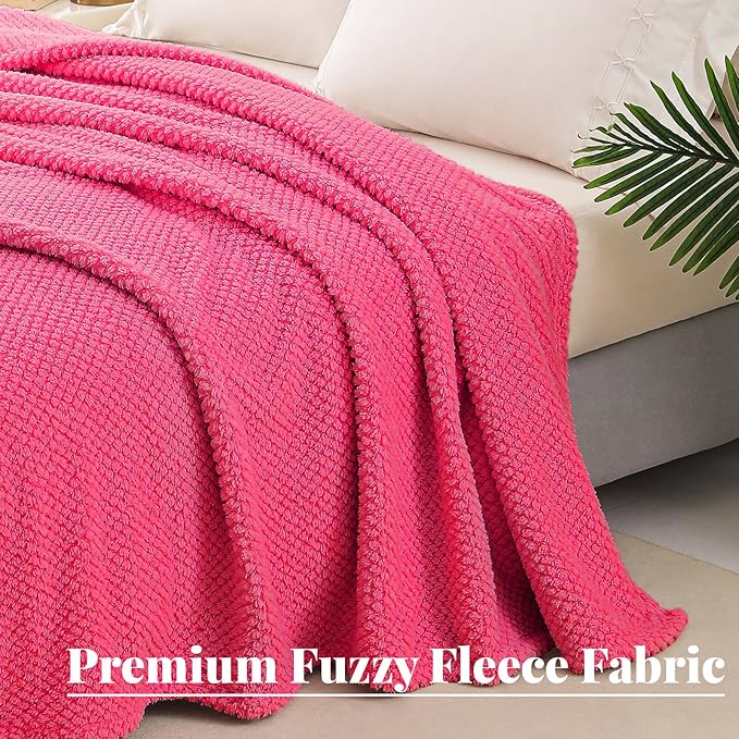 Whale Flotilla Queen Size Fuzzy Fleece Blanket for Bed, 90x90 Inch Fluffy Warm Soft Jacquard Blankets for All Season, Lightweight and Cozy, Hot Pink