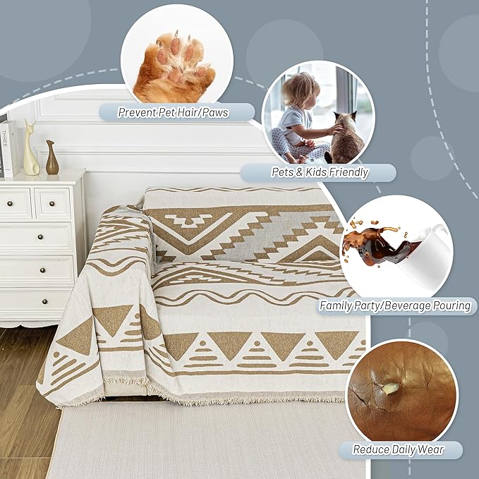 MYSKY HOME Boho Couch Cover for Dogs Washable Khaki Rhombic Couch Sofa Protector for Loveseat Sofa with Pets Friendly Chenille Geometric Sofa Covers Soft Durable Farmhouse Sofa Slipcovers, 71" X102"
