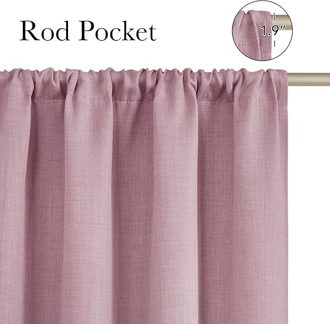 NICETOWN Pink Faux Linen Room Darkening Rod Pocket Curtains 63 inch Length, W42 x L63, Light Blocking Thermal Insulated Noise Reducing Drapes for Bedroom Living Room Farmhouse Decor, 2 Panels