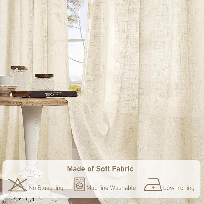 LAMIT Beige Linen Curtains 63 inches Long, Light Filtering Linen Textured Semi Sheer Back Tab and Rod Pocket Boho Drapes for Bedroom/Living Room, 2 Panels, 70 x 63 Inch