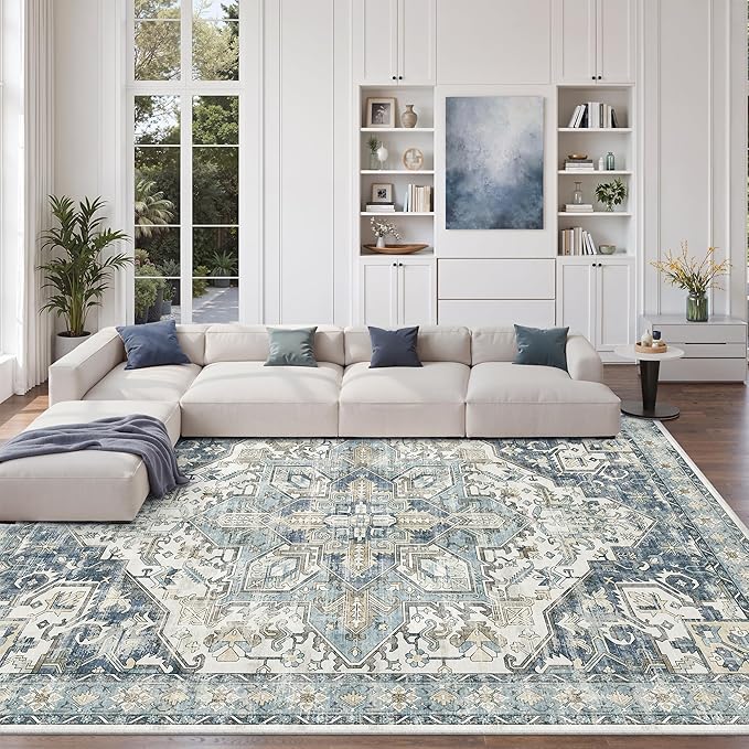 zesthome 9x12 Area Rugs-Washable Rug for Living Room, Non-Slip Backing Rugs, Stain Resistant 9x12 Rug for Bedroom, Ultra-Thin Low Pile Rugs, Vintage Large Home Decor
