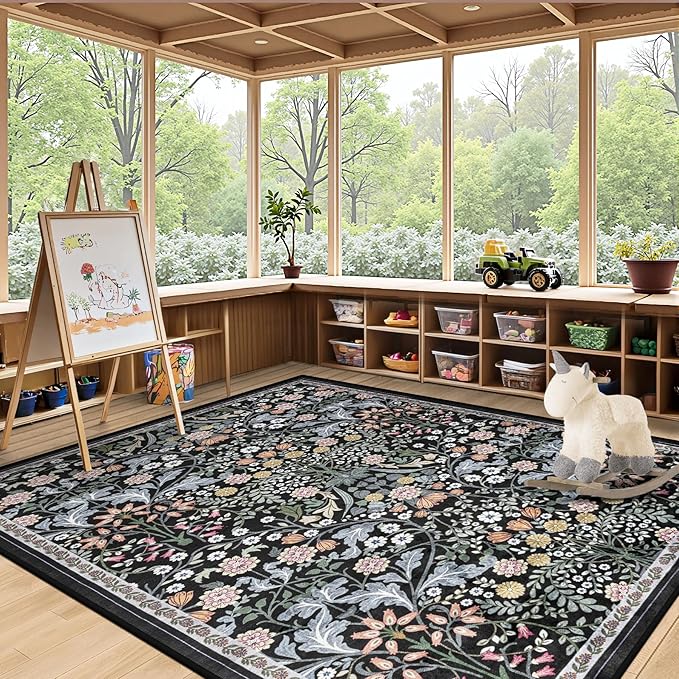 6x9 Area Rugs for Living Room: Floral Washable Rug Vintage Large Soft Boho Non-Slip Carpet Indoor Stain Resistant Thin Carpets for Bedroom Dining Room Farmhouse Nursery Hallway Home Office Dark Black