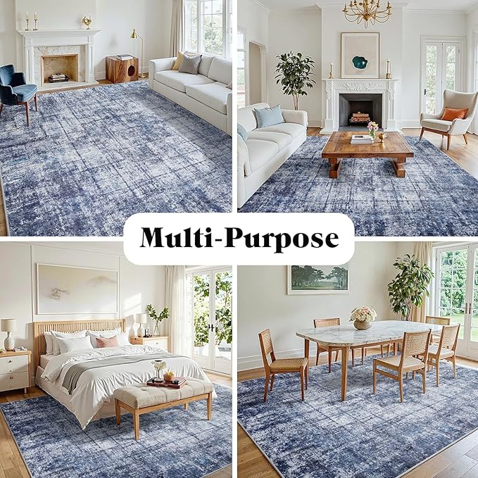 8x10 Area Rugs for Living Room Washable Rug: Anti-Skid Abstract Modern Living Room Rug Soft Thin Carpets Indoor Floor Non-Shedding Carpet for Bedroom Dining Farmhouse Nursery Navy Light Gray