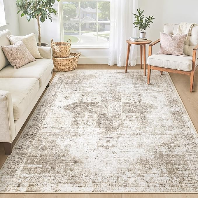 Area Rug 4x6 Washable Rug, Vintage Boho Medallion Rugs Non-Slip Soft Low Pile Distressed Rug Indoor Retro Carpet for Living Room Bedroom Dining Room Home Office (Taupe, 4'x6')