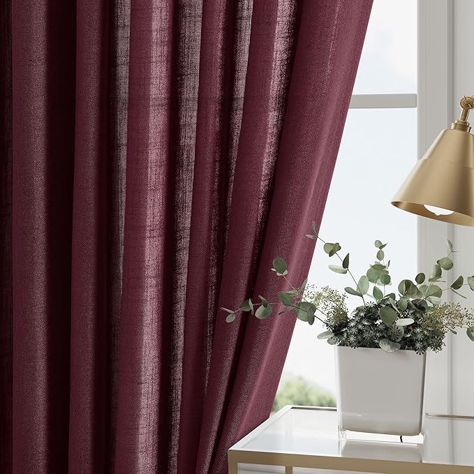 Burgundy Linen Curtains 90 Inch Long 2 Panels Set for Bedroom Living Room Linen Textured Window Drapes Semi Sheer Light Filtering Rod Pocket Back Tab Cotton Textured Farmhouse Curtain 52x90