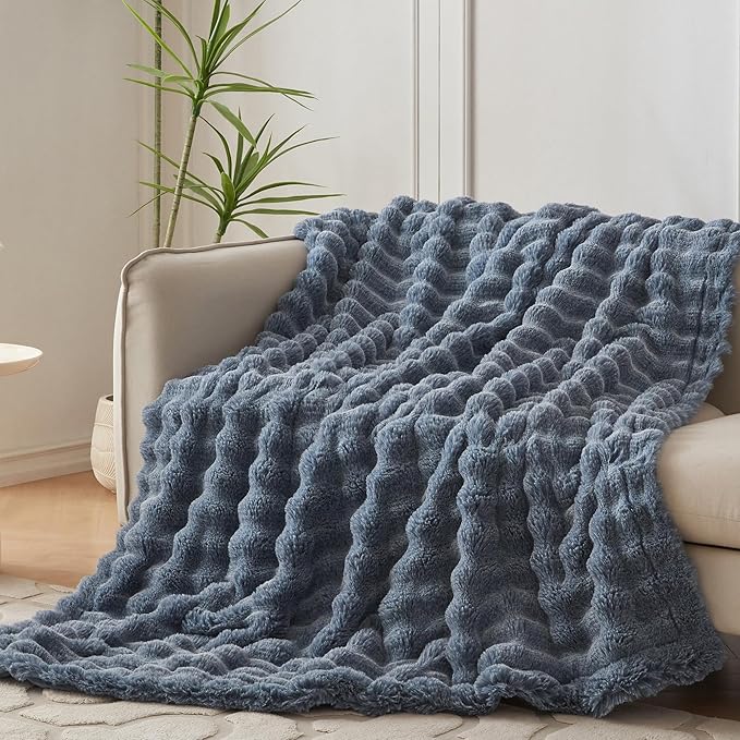 COOVA Faux Fur Throw Blanket for Couch, Cozy Soft and Fuzzy Plush Rabbit Fur Bubble Blanket for Sofa Bedroom Living Room, 50x60 Inches Cationic Dark Blue