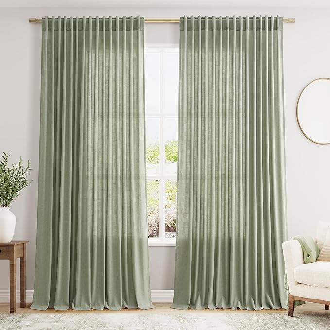 Nanspring Extra Wide Linen Curtains for Living Room 108 Inch Length for Room Divider Sage Green Rustic Farmhouse Drape Rod Pocket Back Tab Light Filtering Bedroom Window Curtain for Sliding Door