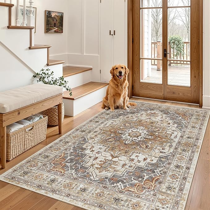 Madane Area Rug 3x5, Washable Vintage Entryway Rugs for Bedroom Non Slip Indoor Kitchen Runner for Living Room Laundry Room Playroom Soft Non-Slip Floor Carpets, Turmeric/Grey
