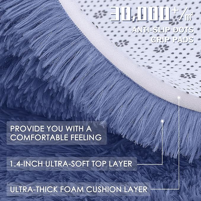 OLANLY Denim Blue Round Rugs for Bedroom - Machine Washable, 6 ft Circle Area Rugs for Living Room, Soft and Fluffy Shaggy Carpet for Teen Girl and Boys, Nursery Rooms, Dorms, Home Decor Aesthetic