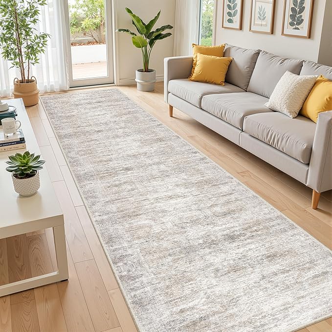 Long Rugs Runner - Washable Runner Rugs for Hallway 2x10, Ultra-Thin Soft Kitchen Carpet Runner, Anti Slip Backing Runner Rugs for Entrance, Bedroom, Living Room(2'x10', Brown/Grey/Ivory)