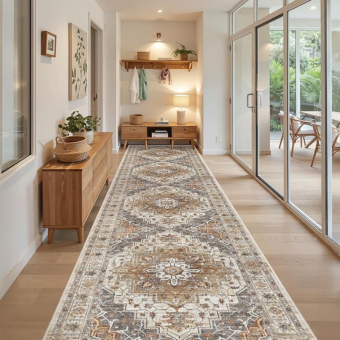 Madane Hallway Runner Rug 3x16 - Vintage Non Slip Washable 16ft Kitchen Runner for Entrance Soft Long Carpet Runners for Living Room Bathroom Low Pile Floor Mat for Bedroom Dining Room, Turmeric/Grey
