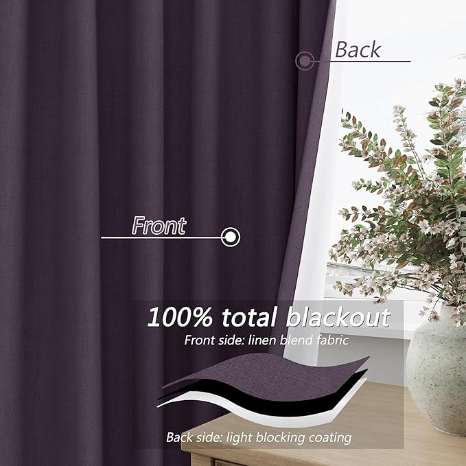 Guken 100% Blackout Curtains 108 Inch Length 2 Panels Set for Living Room Bedroom Back Tab Thermal Insulated Black Out Linen Drapes Room Darkening Window Curtains 108 Inches Long,Plum