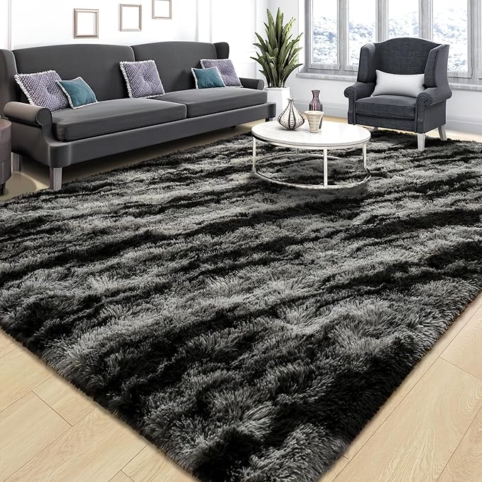 Tepook Soft Fluffy Rugs for Living Room, 5x8 Shaggy Area Rug for Bedroom, Modern Shag Rug Fuzzy Carpets for Kids, Plush Indoor Nursery Home Decor Rug with Non-Slip Bottom, Black Grey