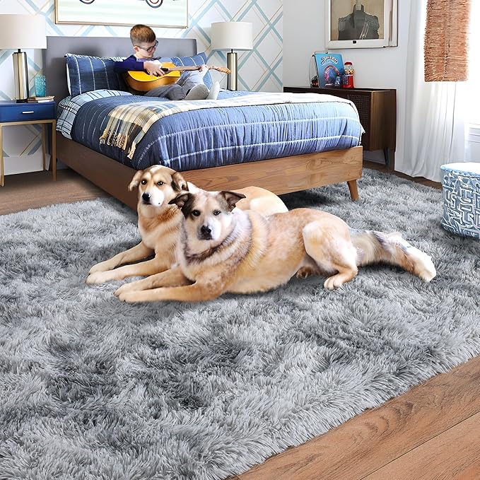 9x12 Area Rug for Living Room, Ultra Soft Large Shag Rug for Bedroom, Upgrade Non-Slip Plush Fluffy Carpet for Kids Boys Girls Room Home Decor Aesthetic, Light Grey