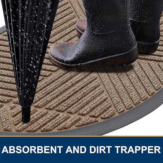 Smiry Half Circle Front Door Mat Outside Entrance, Heavy Duty Sturdy Natural Rubber Doormat, Trap Dirt and Moisture, Low Profile Mats for Indoor Outdoor Entry, Irregular Triangle (47x32, Brown)