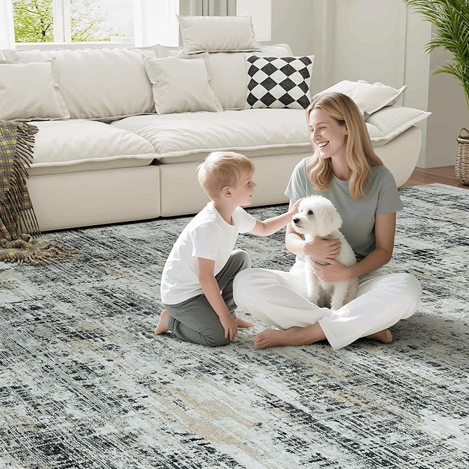9x12 Area Rugs for Living Room Washable Rug: Anti-Skid Abstract Modern Living Room Rug Soft Thin Carpets Indoor Floor Non-Shedding Carpet for Bedroom Dining Farmhouse Nursery Black Gray Gold