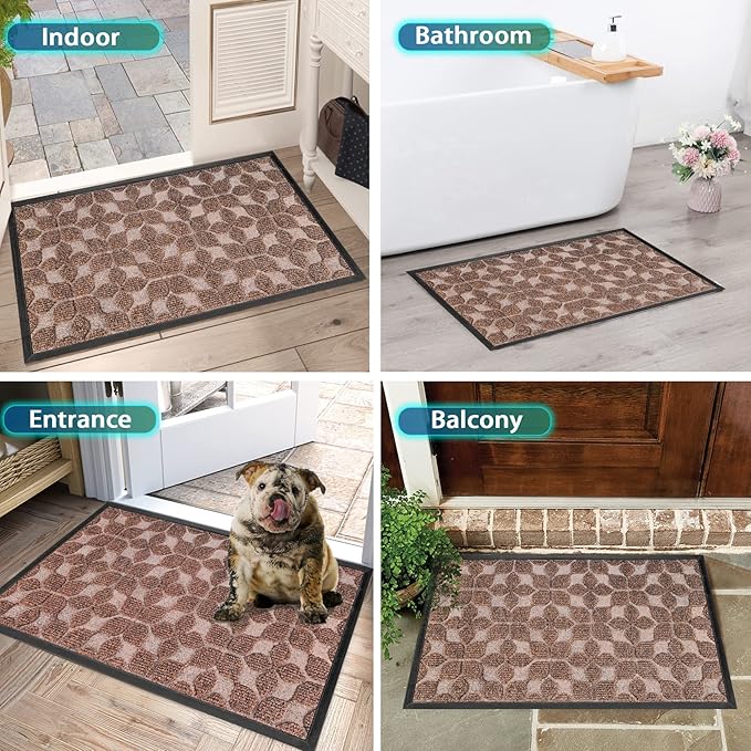 Bulijojo Sturdy Front Entrance Doormats,Durable Heavy Duty Welcome Mat,Thick Absorbent Natural Rubber Non Slip Mat,Easy Clean Entryway Mat 17"x30" Geometric Brown