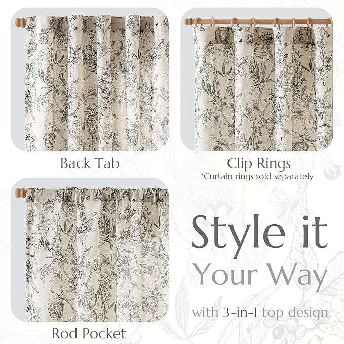 jinchan Floral Curtains 96 Inches Long Black Flower Linen Farmhouse Curtain for Living Room French Country Vintage Curtain Rod Pocket Curtains Set 2 Panels Balck Floral Printed